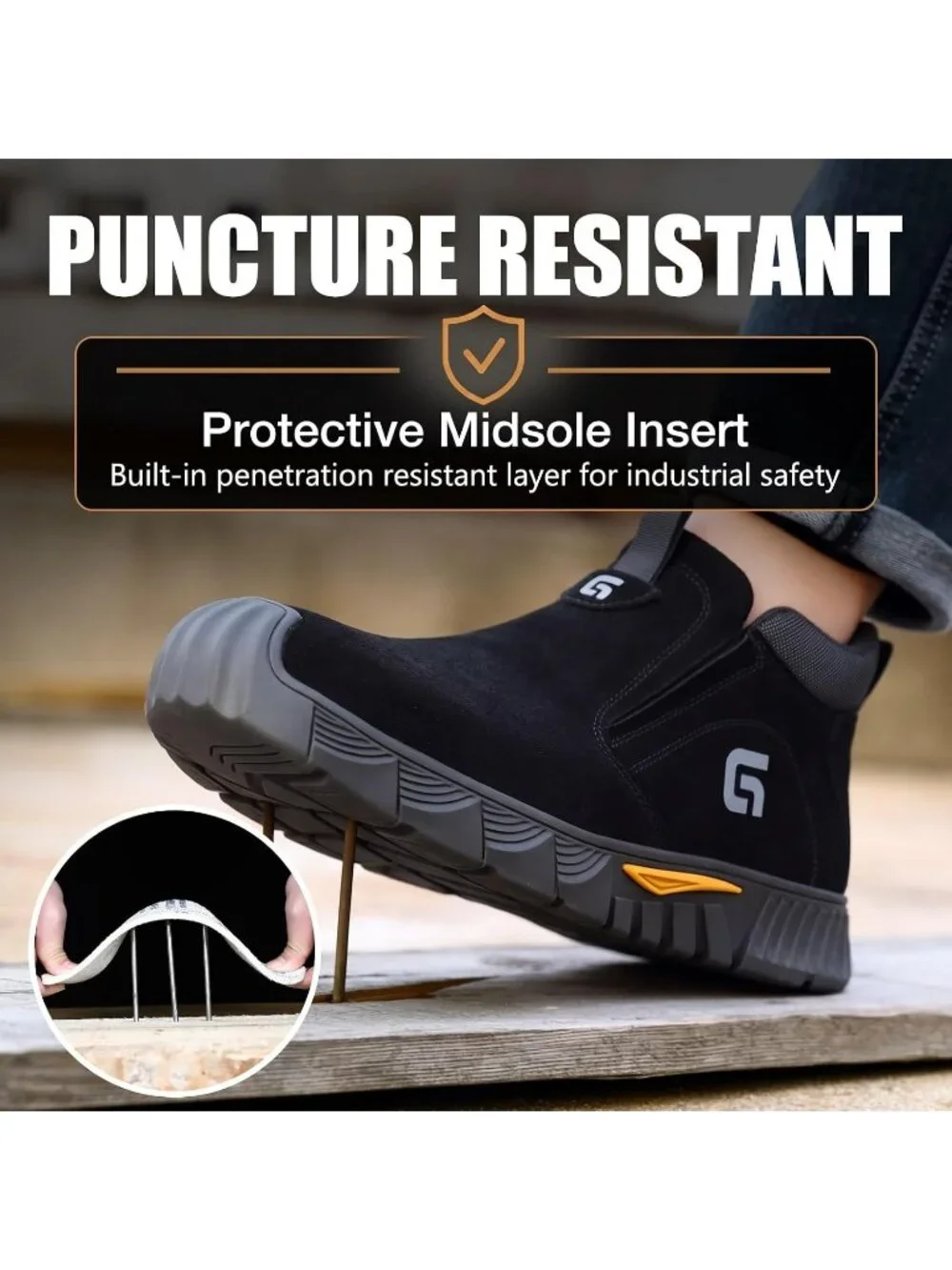Men's Black Fireproof Shoes Casual Slip On Steel Toe Mid Top Jobsite Work Boots